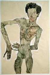 Akt męski (autoportret). Rysunek Egona Schiele (1890-1918), 1910. Ołówek, akwarela i tempera na papierze. Wymiary: 55,7x36,8cm. Wiedeń, Graphische Sammlung Albertina