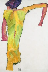 Akt męski, podpierając się - Schiele, Egon (1890-1918) - 1910 - Gwasz na papierze - 44,7x30,2 - Muzeum Leopolda, Wiedeń