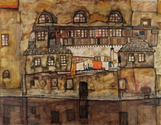 Ściana domów nad rzeką - Obraz Egona Schiele (1890-1918), olej na płótnie