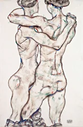 Nagie dziewczyny w objęciach - Schiele, Egon (1890-1918) - 1914 - Czarna kreda, gwasz na papierze - 48x31,2 - Muzeum Leopolda, Wiedeń