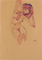 Siedzący akt kobiecy z pochyloną głową i uniesionymi ramionami, 1910