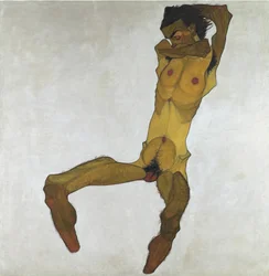 Akt męski w pozycji siedzącej (autoportret) - Schiele, Egon (1890-1918) - 1910 - Olej na płótnie - 152,5x150 - Muzeum Leopolda, Wiedeń