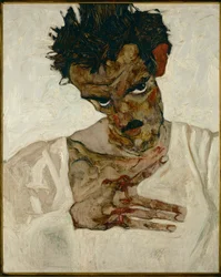 Autoportret z opuszczoną głową - Egon Schiele, autoportret z pochyloną głową (olej na drewnie)