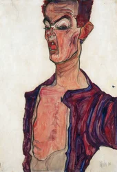 Autoportret, Grymas - Schiele, Egon (1890-1918) - 1910 - Gwasz na papierze - 45,3x30,7 - Leopold Museum, Wiedeń