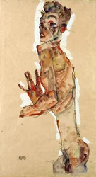 Autoportret z rozstawionymi palcami - Schiele, Egon (1890-1918) - 1911 - Czarna kreda, gwasz na papierze - 52,5x28 - Muzeum Leopolda, Wiedeń