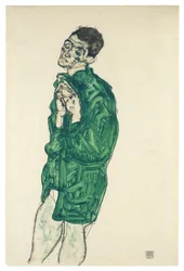 Autoportret w zielonej koszuli z zamkniętymi oczami, 1914