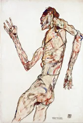 Tancerka - Schiele, Egon (1890-1918) - 1913 - Czarna kreda, gwasz na papierze - 48,3x32,3 - Muzeum Leopoldów, Wiedeń