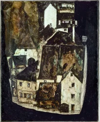 Tote Stadt III (Stadt am blauen Fluss III) [Martwe miasto III (Miasto nad Błękitną Rzeką III)], ... (olej i gwasz na drewnie)