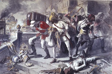 Wojska brytyjskie i indyjskie plądrują Kaisarbagh podczas zdobywania Lucknow w marcu