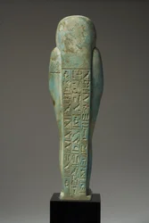 Widok z tyłu figury Ushabti dla Hor-Khebi, późny okres dynastyczny, koniec 25-wczesnej 26-tej dynastii, ok. 700-600 pne (fajans) (patrz 270353 na froncie)