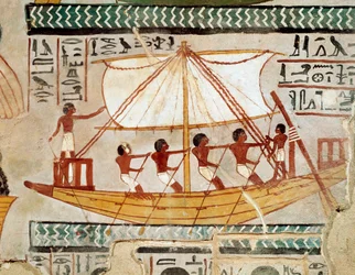 Starożytność egipska: „”łódź na rzece wracająca z pielgrzymki do grobu Ozyrysa, Abydos”” XVIII dynastia. Fresk z grobowca Sennefera (TT 96) z obszaru grobowca szlachty w Gournah. Szejk Abd el-Gournah (el Gournah), Luksor Egipt - Ancie