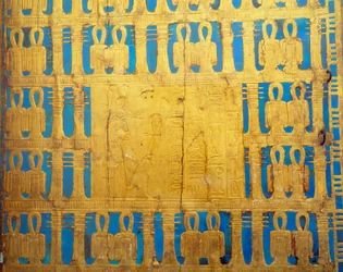 Egipski antyczny: szczegóły pudła z baldachimem. Tresor Tutanchamona (All-Ankh-amon)