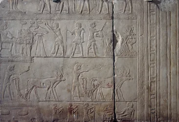 Faraon Horemheb, przedstawiony podczas prac rolniczych na polach Iaru, odbierający plony ofiarowane przez rolników, wapienna płaskorzeźba ścienna z grobowca memfickiego Horemheba w Sakkarze, cywilizacja egipska, Nowe Królestwo, dynastia XVIII