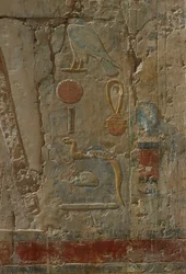 Relief przedstawiający Horusa, kaplicę bogini Hathor, ze świątyni grobowej Hatszepsut (ok. 1503-1482 pne) Nowe Państwo (malowany wapień)