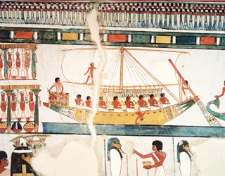 Statek solarny, fragment pielgrzymki do Abydos, fresk, ściana północna, długa jadalnia, grób tebański TT69, szejk Abd el-Gurna, Teby (lista światowego dziedzictwa UNESCO