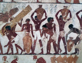Ruoan kuljettaminen varastoon Ammonin temppelin varastoihin, Rekhmiren hauta, joka tunnetaan myös nimellä Tomb TT100, Sheikh Abd el-Qurna, Theban Necropolis (Unescon maailmanperintöluettelo puola)