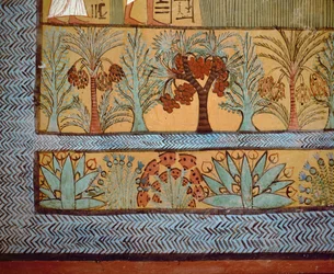Drzewa, kaktusy i rośliny na obrazie religijnym przedstawiającym sklepioną komorę grobową Sennedjem (No