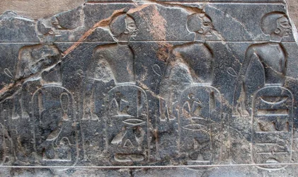Starożytność egipska: fragment płaskorzeźby zdobiącej herby terytoriów podbitych przez faraona Ramzesa II (1292-1186 pne). Świątynia Luksoru. Wschodni Brzeg (Teby), Egipt