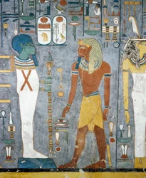 Maat, Ramzes I, Ptah i Filar Ozyrysa, freski z komory grobowej Grobowca Ramzesa I, Dolina Królów, Luksor, Teby (lista światowego dziedzictwa UNESCO