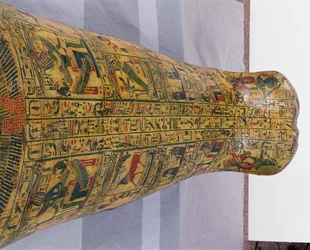 Fragment zewnętrznej pokrywy trumny mumii Nesyamona, prawdopodobnie znalezionej w Deir El-Bahri, Nowe Królestwo, ok. 1100 pne (malowane drewno)