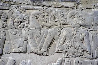 Płaskorzeźba przedstawiająca „Więźniów Północy” w bitwie pod Ramzesem III, Wielka Świątynia Medinet (kamień)