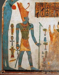Stela damy Taperet, stela drewniana obustronnie malowana, strona B: modlący się bóg Taperet Atum, zachodzące słońce, III Okres Przejściowy, XXII dynastia