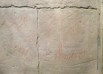 Relief przedstawiający podróż łodzią, z Mastaby Achetotepa, Stare Królestwo, ok. 2400 pne (malowany wapień)