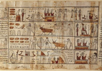 Egipskie antyki: pola Elizejskie. Obraz na papirusie z Księgi Umarłych. Okres Ptolemejski Turyn, Muzeum Egipskie - Starożytny Egipt: Pola Elizejskie. Obraz na papirusie z Księgi Umarłych. Okres Ptolemejski. Muzeum Egipskie, Turyn, It