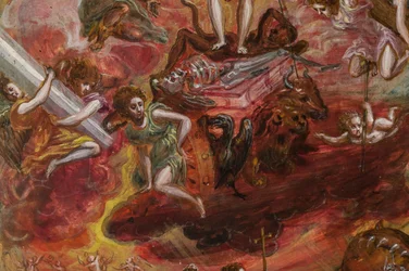 Ołtarz przenośny: centralny panel przedstawiający alegorię chrześcijańskiego rycerza, fragment 2384586 (tempera grassa na panelu)