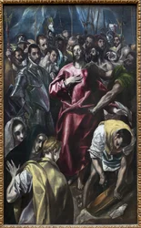 Chrystus pozbawiony tuniki. Obraz Domenikosa Theotokopoulosa pod tytułem The Greco (1541-1614), olej na płótnie, między 1583 a 1584 (99 x 165 cm). sztuka hiszpańska
