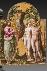 Przenośny tył ołtarza: Adam i Ewa zwróceni twarzami do Wiecznego Ojca, fragment 2384587 (tempera grassa na panelu)