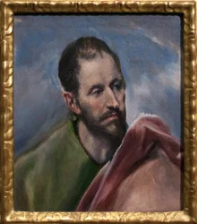Studiuj głowę mężczyzny. Święty Jakub Mniejszy (Jakub z Alphee, apostoł Jezusa). Obraz Domenikos Theokopoulosa dit El Greco (1541-1614), olej na płótnie, około 1580-1585. sztuka hiszpańska