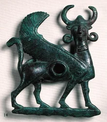 Gryzak dla konia w kształcie uskrzydlonego byka o ludzkiej głowie, z Luristanu, Iran (brąz)