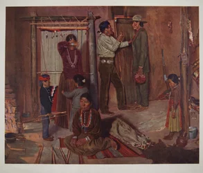 Wyjście z domu do szkoły indyjskiej Carlisle (chromolitho)