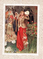 Ginewra i jej damy w złotych czasach, ilustracja z „Idylls of the King” Alfreda Tennysona (1809-92), wydanej przez Hodder & Stoughton