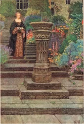 Kobieta w ogrodzie, ilustracja z „Księgi staroangielskich pieśni i ballad” wydanej przez Stoddera i Houghtona, ok. 1910 (kolor lito)