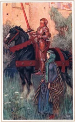 Zardzewiałe ramiona Yniola spoczywały na jego książęcej osobie..., ilustracja z "Idylls of the King" Alfreda Tennysona (1809-92), wydanej przez Hodder & Stoughton
