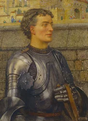 „Sir Lancelot najpierw został ambasadorem, by ją zabrać, a ona wzięła go za króla” (ołówek, akwarela i farba do ciała na papierze)