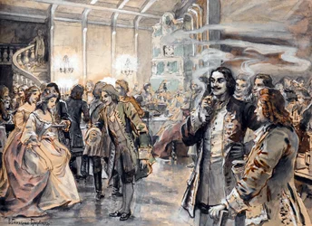 Uroczystości wielkanocne na dworze Piotra Wielkiego (Pierre le grand) - Peinture de Elena Petrovna Samokish Sudkovskaya (Samokish-Sudkovskaya)(1863-1924) - Akwarela, Gwasz na tekturze, 25,38x35 - Kolekcja prywatna