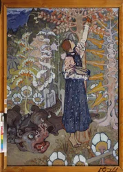 Un conte de fairy (La belle et la bete) - Bajka (Dziewczyna i bestia) - Obraz Eleny Dmitryevny Polenova (1850-1898), olej na płótnie