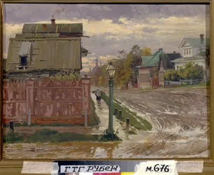 Ulica w Moskwie. (Ulica w Moskwie). Obraz Eleny Dmitryevny Polenova (1850-1898), olej na płótnie. Sztuka rosyjska, koniec XIX wieku. Państwowa Galeria Tretiakowska, Moskwa.
