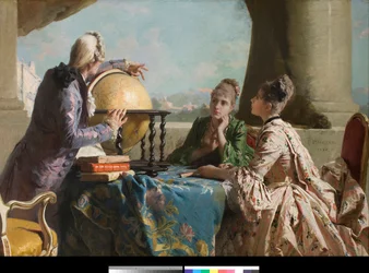 Lekon geografii Dwie młode kobiety z wyższych sfer i ich nauczycielka pokazująca im kulę ziemską Obraz Eleuterio Pagliano (1826-1903) 1880 Kolekcja prywatna