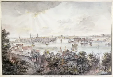 Widok Sztokholmu z Soderu z Pałacem Królewskim, Storkyrkan, Riddarholmskykan i Tskakykan,
