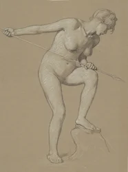 Dziewczyna spearing delfina, ok. godz. 1900.