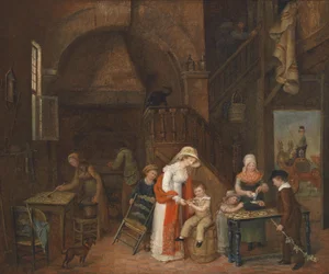 Wizyta u cukiernika, niewyraźnie podpisana (na stole), datowana M.E. De Latour 1822