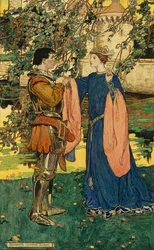 "He Gazed at Her, His Face Kindling" (pióro, tusz i akwarela na papierze)