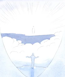 Po „drzwiach” naszej śmierci Chrystus zaprasza tego, kto Go kocha, do wyjścia i przekroczenia otchłani, pewny bycia niesionym, 2001 (w/c na papierze)