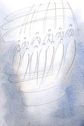 Aniołowie otoczyli sanktuarium, modląc się pod światłem Nieba., 2001 (w/c na papierze)