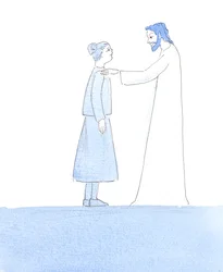 Chrystus musnął moje ramię, zapewniając mnie, że nasze drobne uchybienia są jak drobinki kurzu na eleganckim garniturze, gdy zbliżamy się do Niego na Komunię Świętą, 2005 (akwarela na papierze)