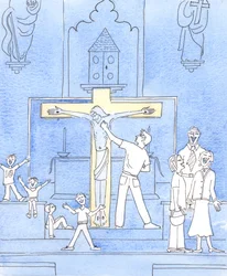 Chrystus widzi nasze zachowanie w kościele - niektóre złe zachowanie z powodu ignorancji, inne z powodu nieostrożności lub braku miłości do Niego, 2002 (w/c na papierze)